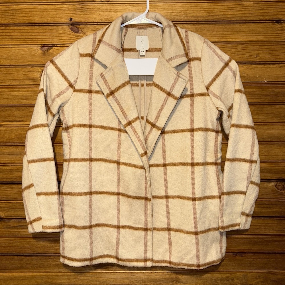 Joie Cardigan Jacket Womens Medium Beige Plaid Pockets Open Front Sweater Lined
